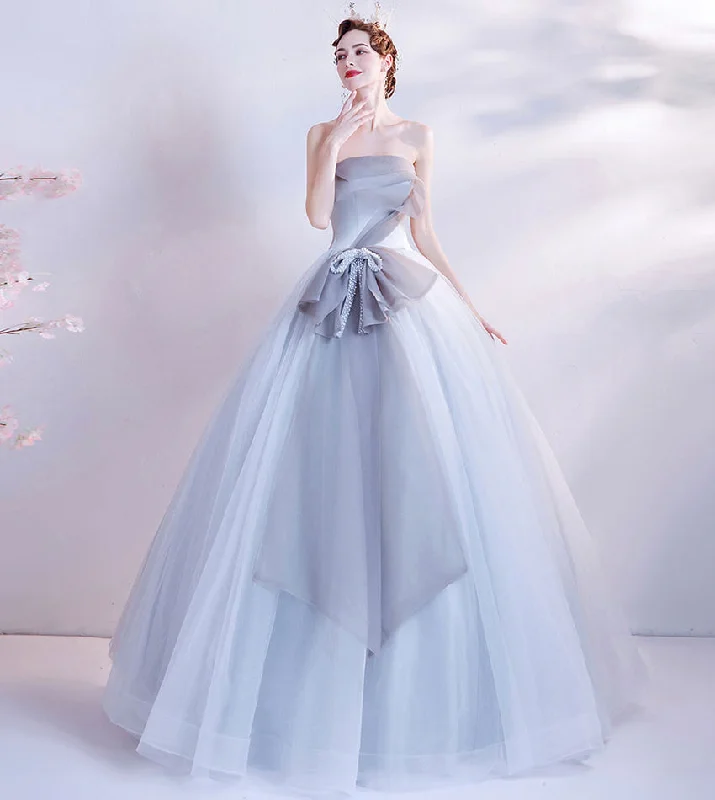 Gray tulle long prom dress gray evening dress  8432