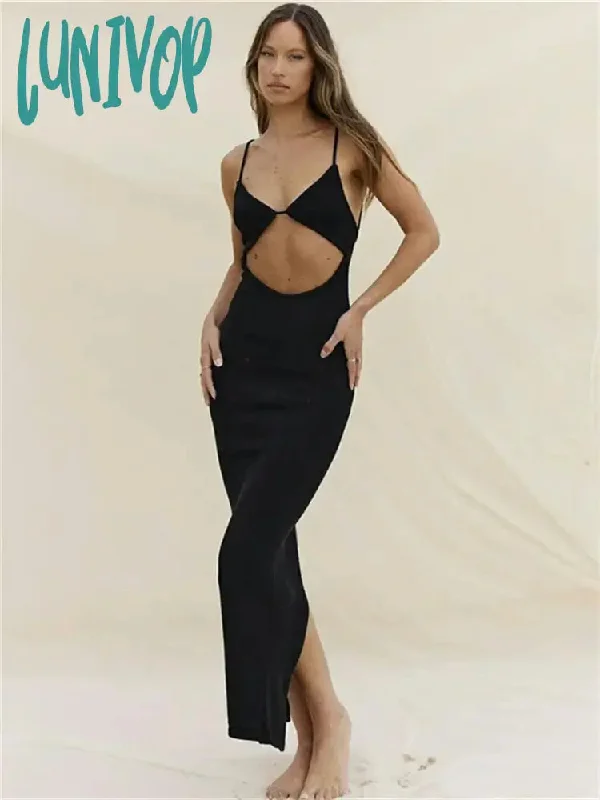 Lunivop Backless Suspender Beach Dress Elegant Party Women Sleeveless V-Neck Cutout Bodycon Mini Sundress Sexy Split Wrap Sexy Dress