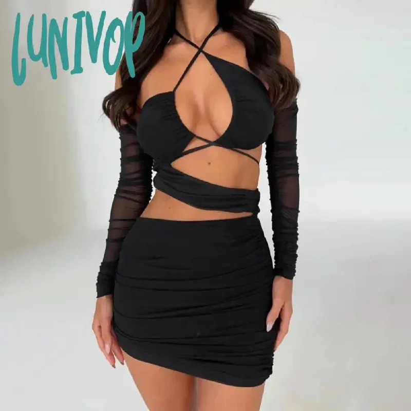 Lunivop Halter Sexy Cut Out Bodycon Dress Bandage Party Club Elegant Irregular Backless Mesh Ruched Mini Dresses Outfits Summer Dress