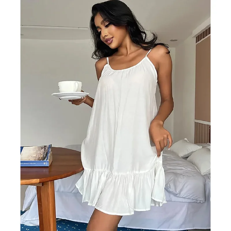 Lunivop Sexy Backless White Suspender Short Dress With Ruffles For Women's Home Wear Nightgown Loose Casual Dress Pullover Summer