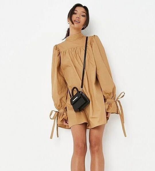 Missguided Poplin Balloon Sleeve Ruched Smock Dress. Brown. UK 8. ****V81