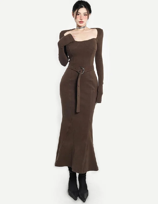 Paige Solid Color Brown Square Neck Long Sleeve Belt Long Slim Mermaid Dress