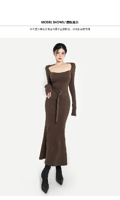 Paige Solid Color Brown Square Neck Long Sleeve Belt Long Slim Mermaid Dress