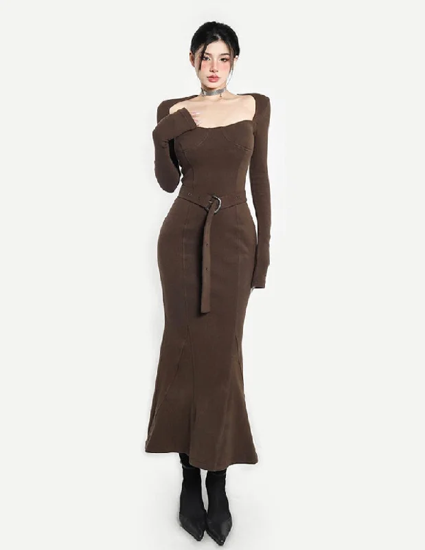 Paige Solid Color Brown Square Neck Long Sleeve Belt Long Slim Mermaid Dress