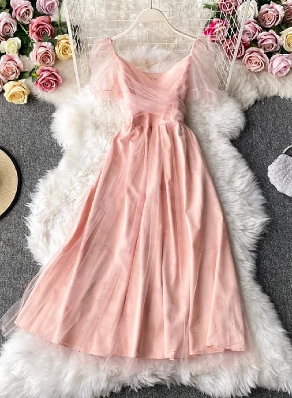 Pink tulle short dress summer dress  1047