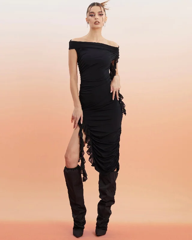 Shayla Unicorn Blood Solid Color Black Off The Shoulder Ruched Tassel Leg Slit Dress