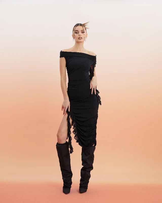 Shayla Unicorn Blood Solid Color Black Off The Shoulder Ruched Tassel Leg Slit Dress