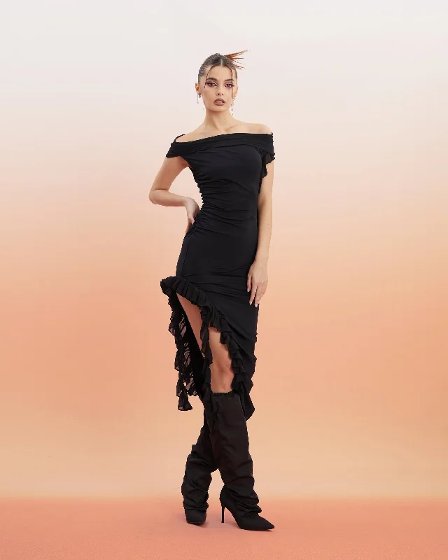 Shayla Unicorn Blood Solid Color Black Off The Shoulder Ruched Tassel Leg Slit Dress