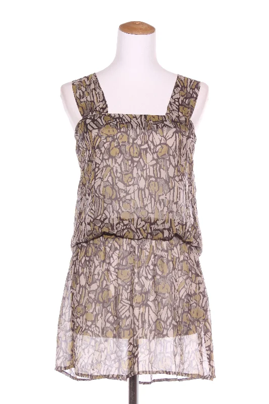 STORM (NZ) Silk chiffon shirred waist tunic - Khaki print! 8