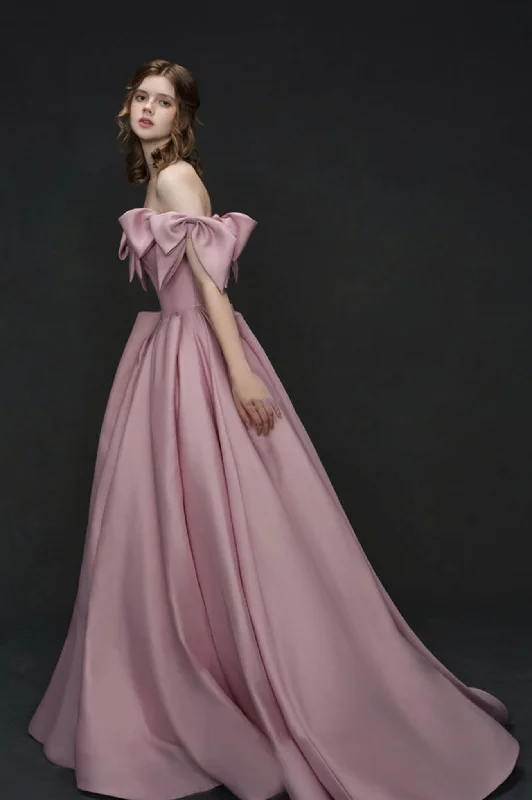 Unique Design Pink Bow Satin Long Prom Dress Princess Dress  10585