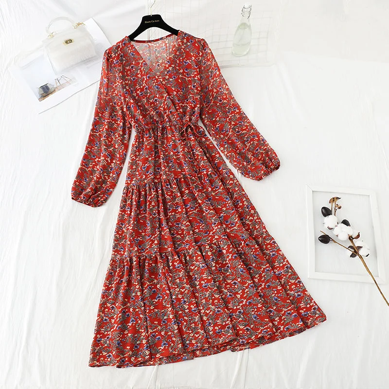 V-neck lace up waist Floral Dress  4798