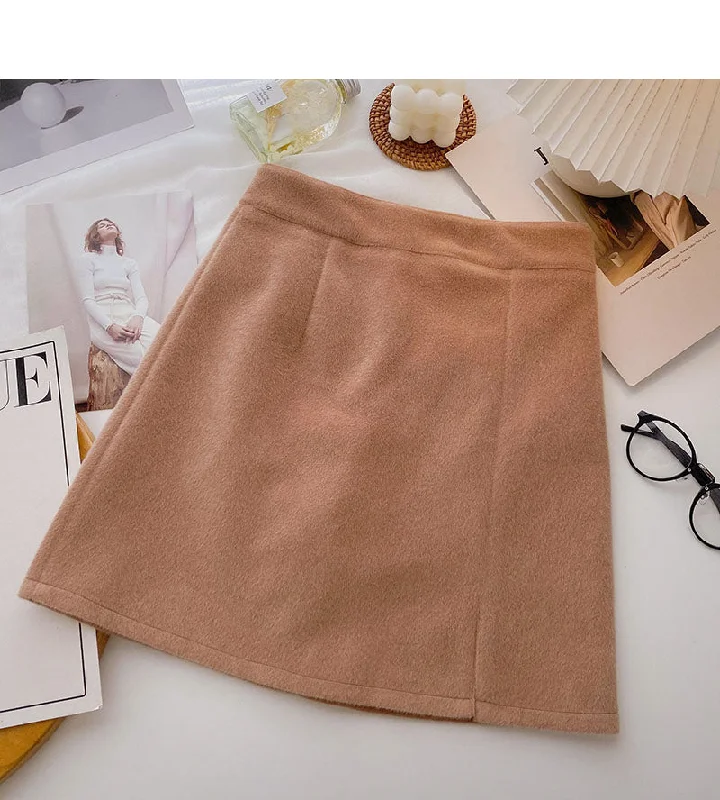 Woolen skirt sweet solid color high waist thin A-line skirt  5438