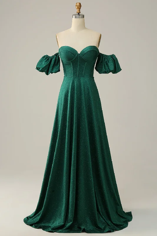 A Line Off the Shoulder Dark Green Long Prom Dress