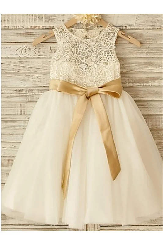 A-line Scoop Sleeveless Bowknot Floor-Length Tulle Flower Girl Dress With Lace OK712