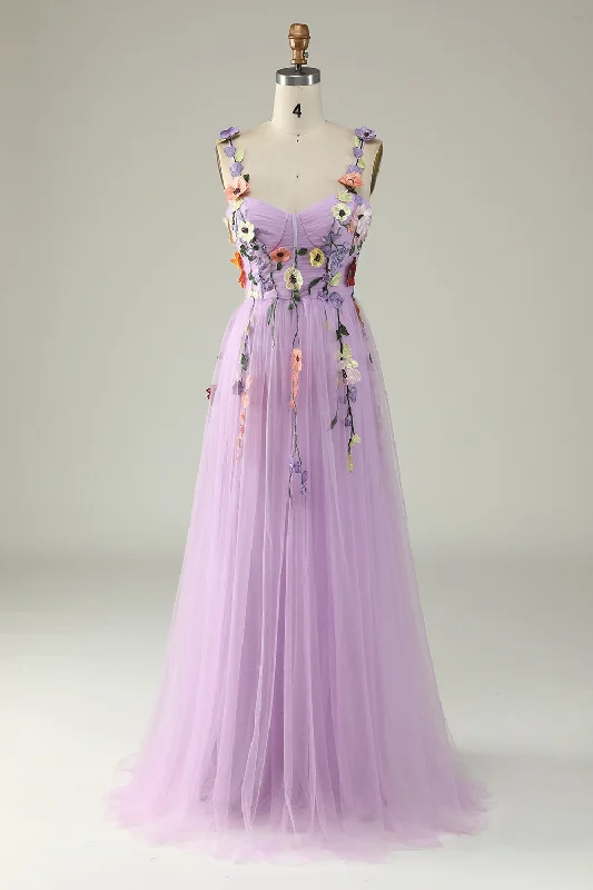 A Line Spaghetti Straps Purple Prom Dress With 3D Flowers