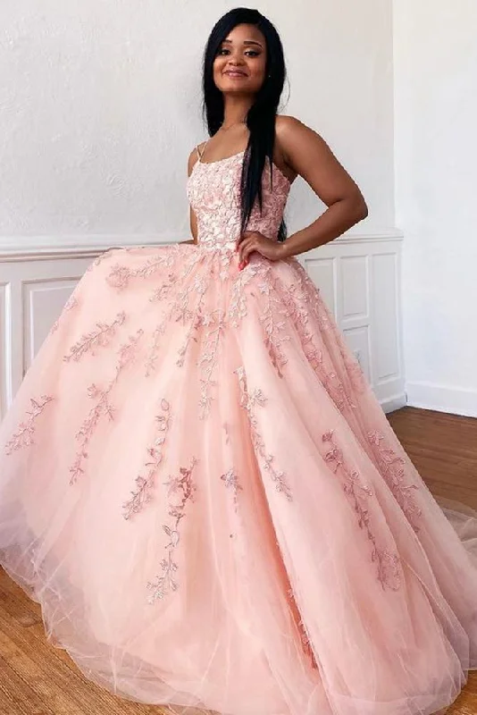 A Line Tulle Long Prom Dress with Appliques and Beading Popular Formal Dress OK1021