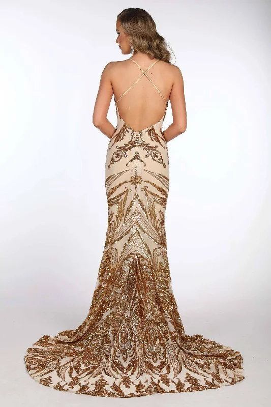 Ariella Side Slit Pattern Sequin Gown - Gold