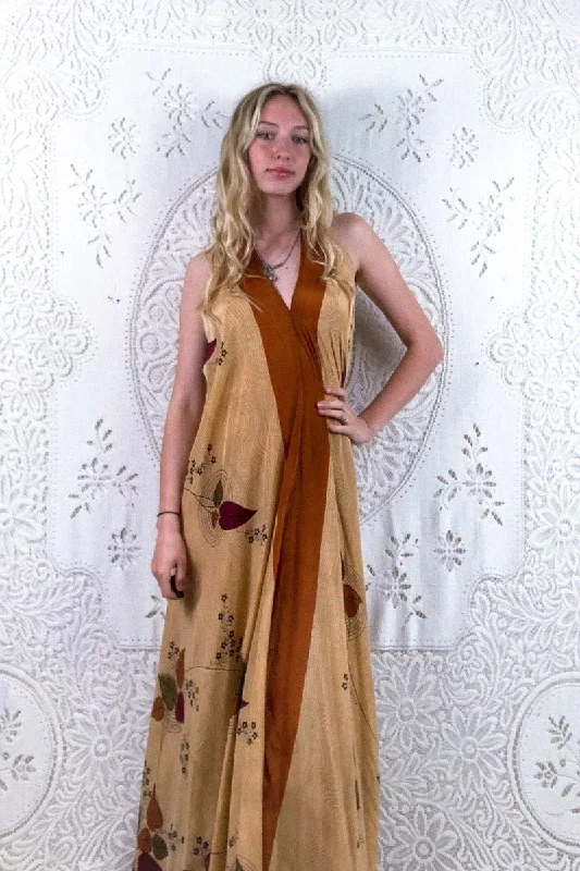 Athena Maxi Dress - Vintage Sari - Sandy Beige Muted Leaf Print - S - L/XL