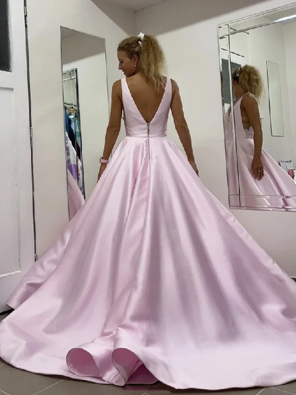 Ball Gown Light Pink Satin V Neck Long Lace Appliques Prom Dress Evening Dress OK1196