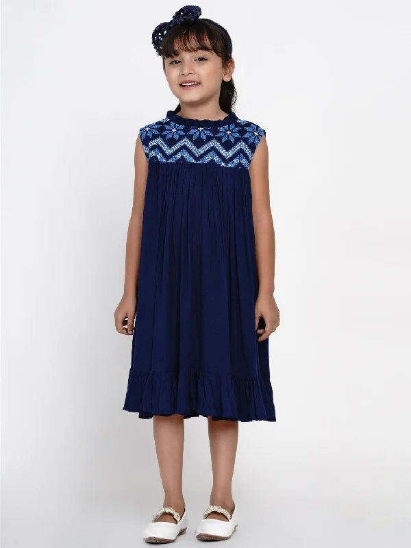 Girls Navy Blue Embroidered A-Line Dress