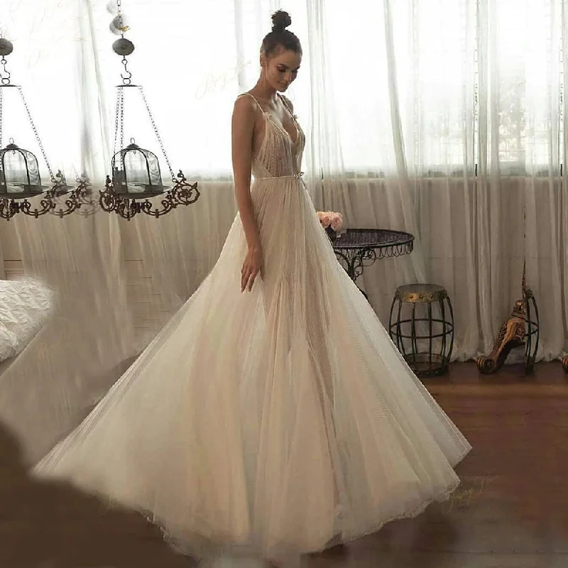 Beaded Tulle Skirt Spaghetti Straps Long Wedding Gowns Beach A-line Illusion Women Bridal Dress OKW50