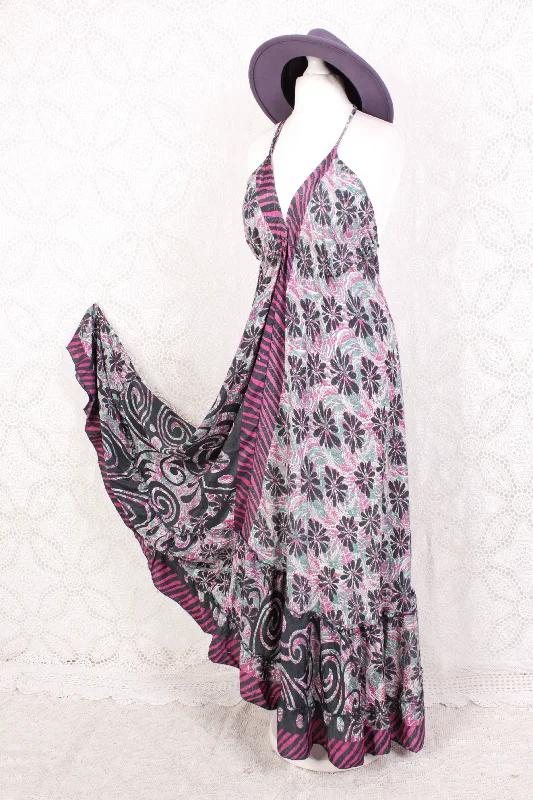 Blossom Maxi Halter Dress - Vintage Indian Sari - Graphite, Pink & Mint Floral - Free Size