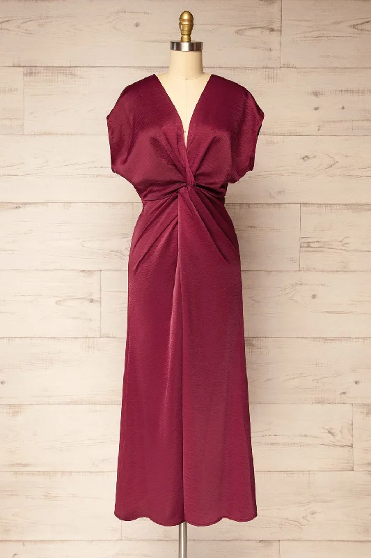 Bossie Burgundy | Long Satin Dress w/ Knot Effect