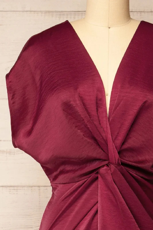 Bossie Burgundy | Long Satin Dress w/ Knot Effect