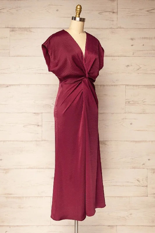 Bossie Burgundy | Long Satin Dress w/ Knot Effect