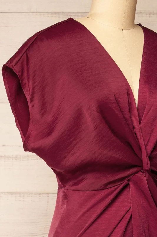 Bossie Burgundy | Long Satin Dress w/ Knot Effect