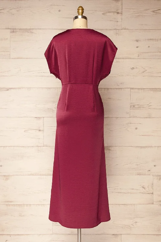 Bossie Burgundy | Long Satin Dress w/ Knot Effect