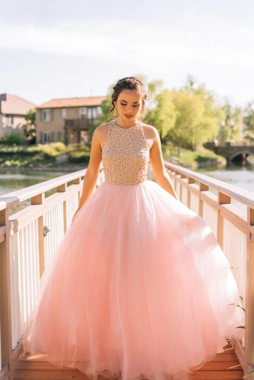 Charming Ball Gown Beading Long Blush Pink Tulle Prom Dress OK987