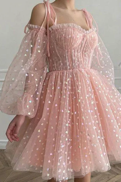 A-line Sweetheart Long Sleeves Pink Short Homecoming Dress OKY26