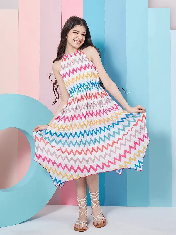 Girls Geometric Printed Fit Flare Midi Dress