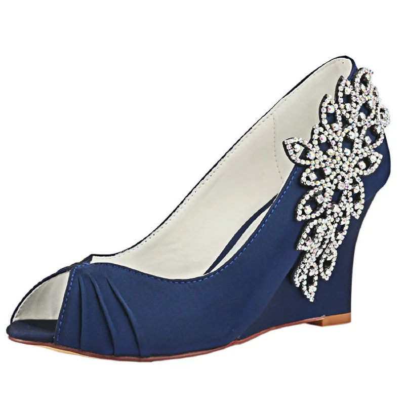 Dark Blue Wedge Wedding Shoes with Rhinestones,Elegant Wedding Party Shoes, L-933