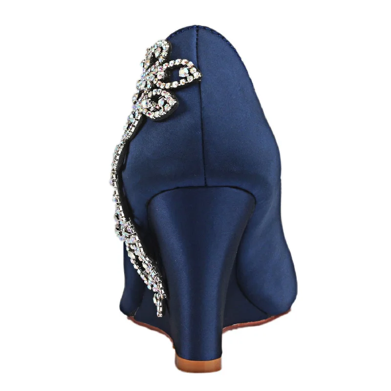 Dark Blue Wedge Wedding Shoes with Rhinestones,Elegant Wedding Party Shoes, L-933