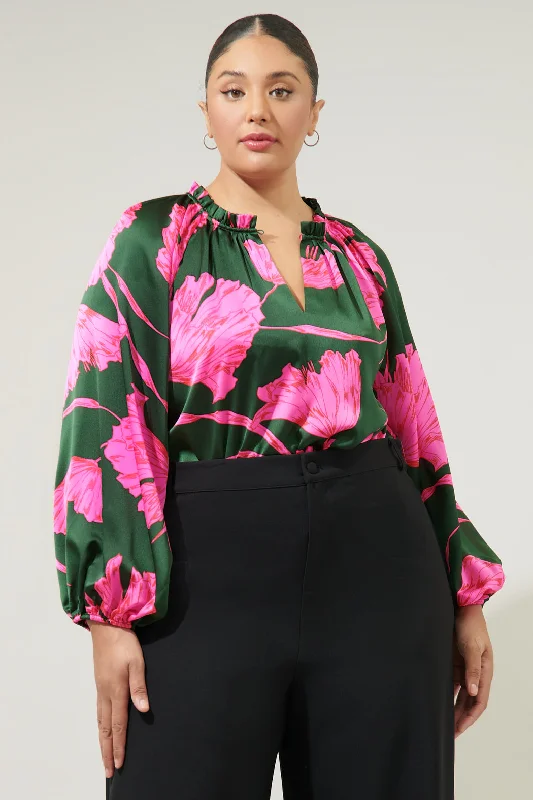 Eartha Floral Jovie Split Neck Satin Raglan Blouse Curve