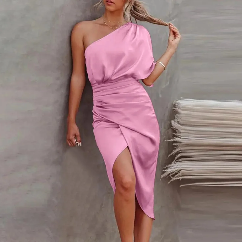 Elegant Fashion Strapless Slim Package Hip One Shoulder Waist Split Summer Dress