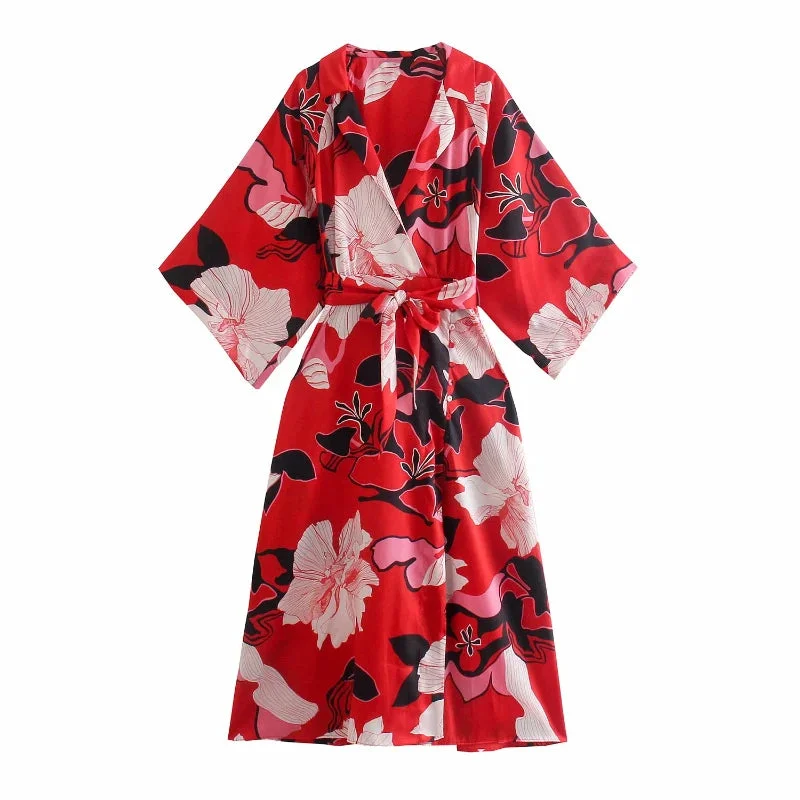 FashionSierra-Women  Red Floral Print  Vintage  Turn-down Collar  Sexy  Slits  A-line  Holiday  Summer  Beach Maxi  Vestidos Boho Dress