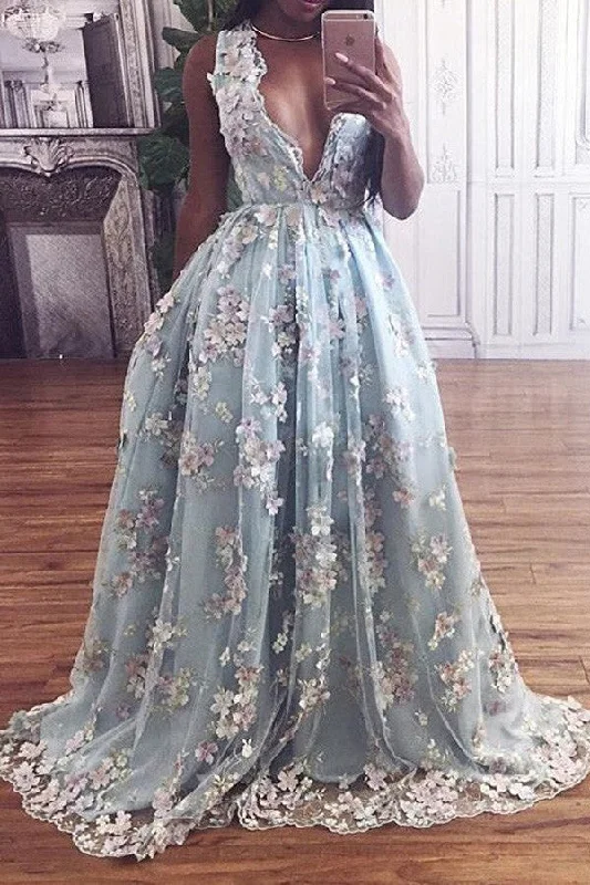 Floral Lace Deep V-neck A Line Light Sky Blue Princess Prom Dresses OKA42