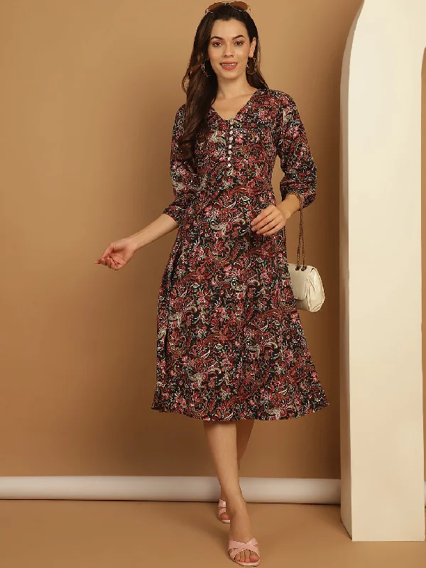 Floral Print Puff Sleeves Crepe Dress