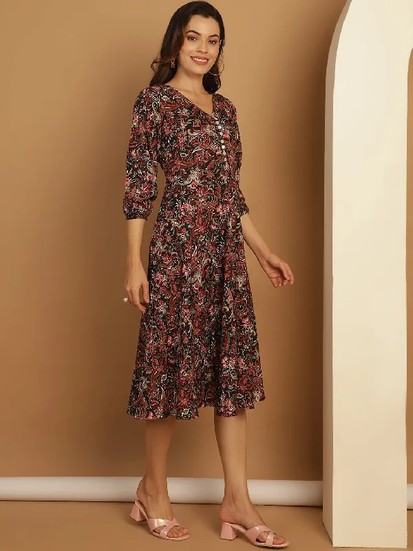 Floral Print Puff Sleeves Crepe Dress