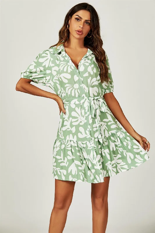 FS Collection Floral Print Hem Tiered Shirt Mini Dress In Green