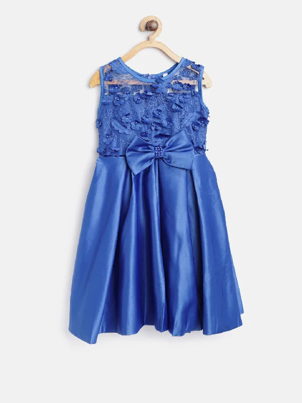 Gilr's Blue Pearls And Embroidered Party Dress - StyleStone Kid