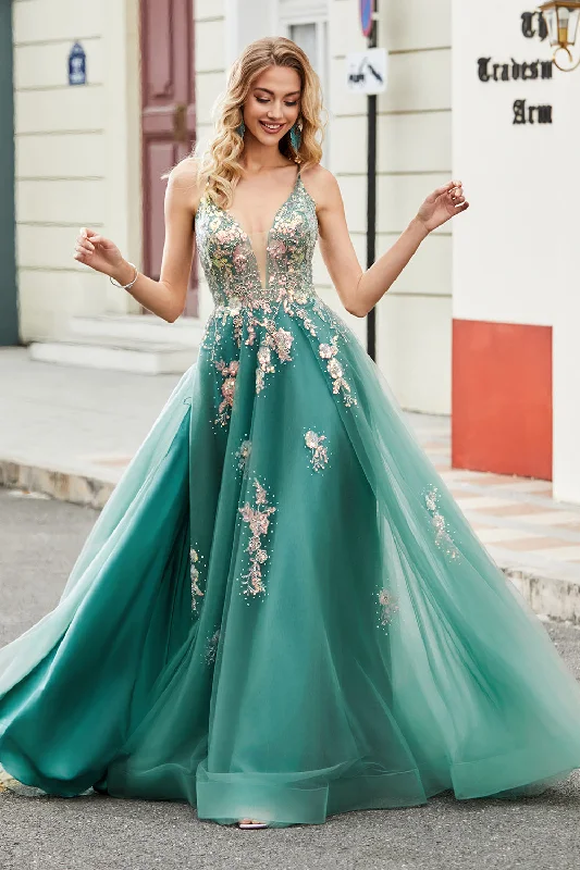 Glitter Green A-Line Spaghetti Straps Long Prom Dress With Sparkly Sequin Appliques