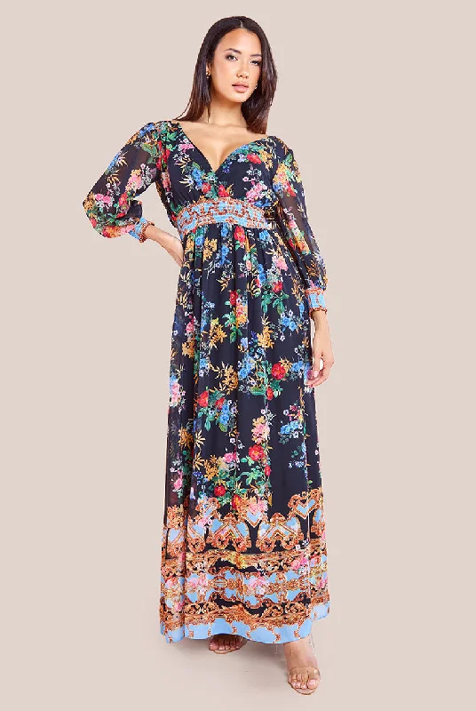 Goddiva Chiffon Wrap Border Floral Print Maxi Dress - Black