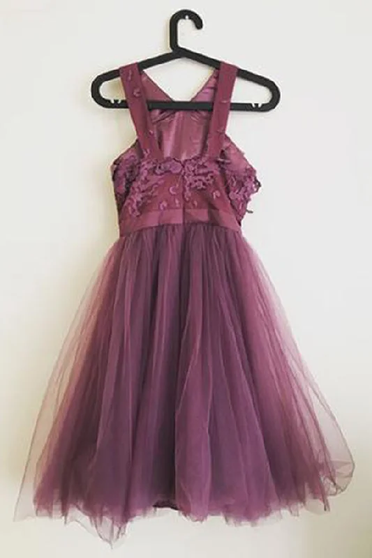 Grape Lace Top A-Line Short Tulle Cheap Homecoming Dress OKD15