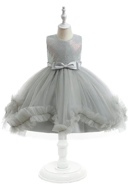 Grey Sleeveless Tulle Flower Girl Dress with Bowknot