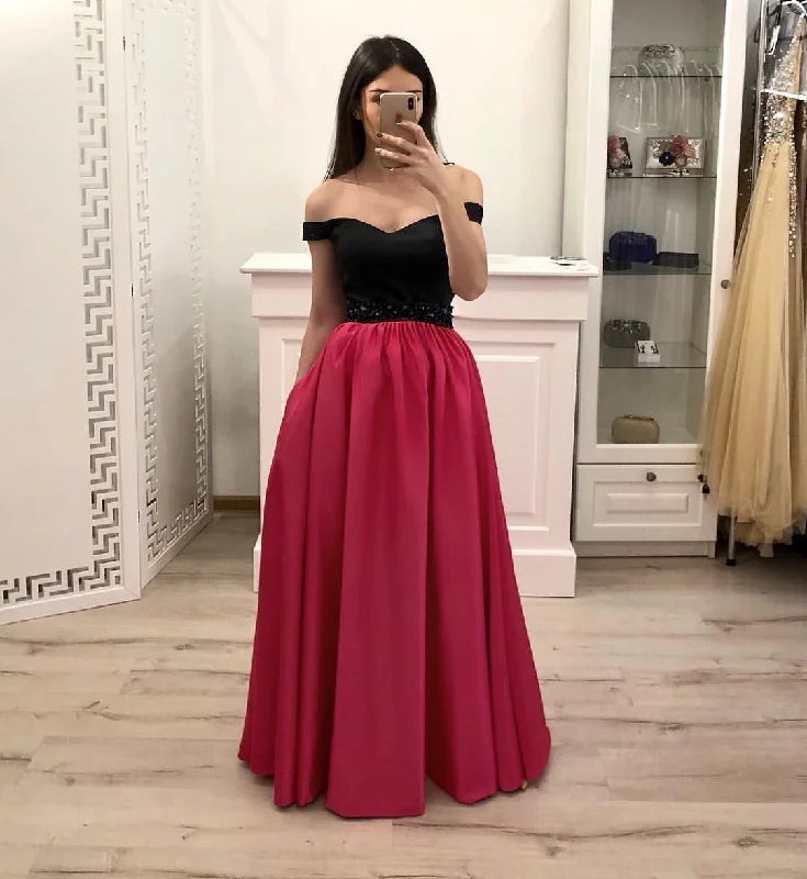 Hot Pink Satin Long Prom Gowns With Pockets, Simple Beaded Evening Dresses With Black Top OKI14