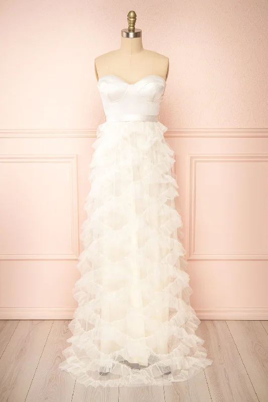 Jurin Ivory | Bustier Maxi Dress w/ Ruffled Tulle